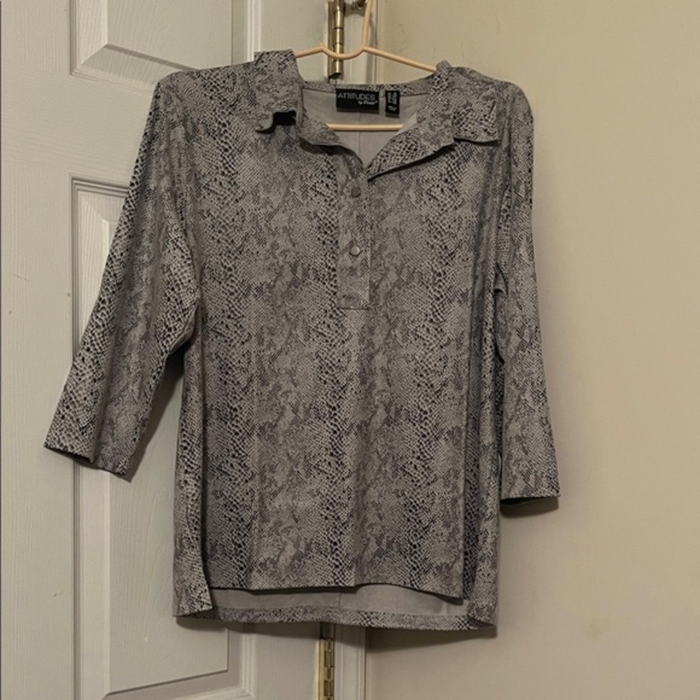 Attitudes by Renee Black and Gray Snake Print Button Down Shirt